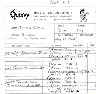 James Carr Quinvy session sheet